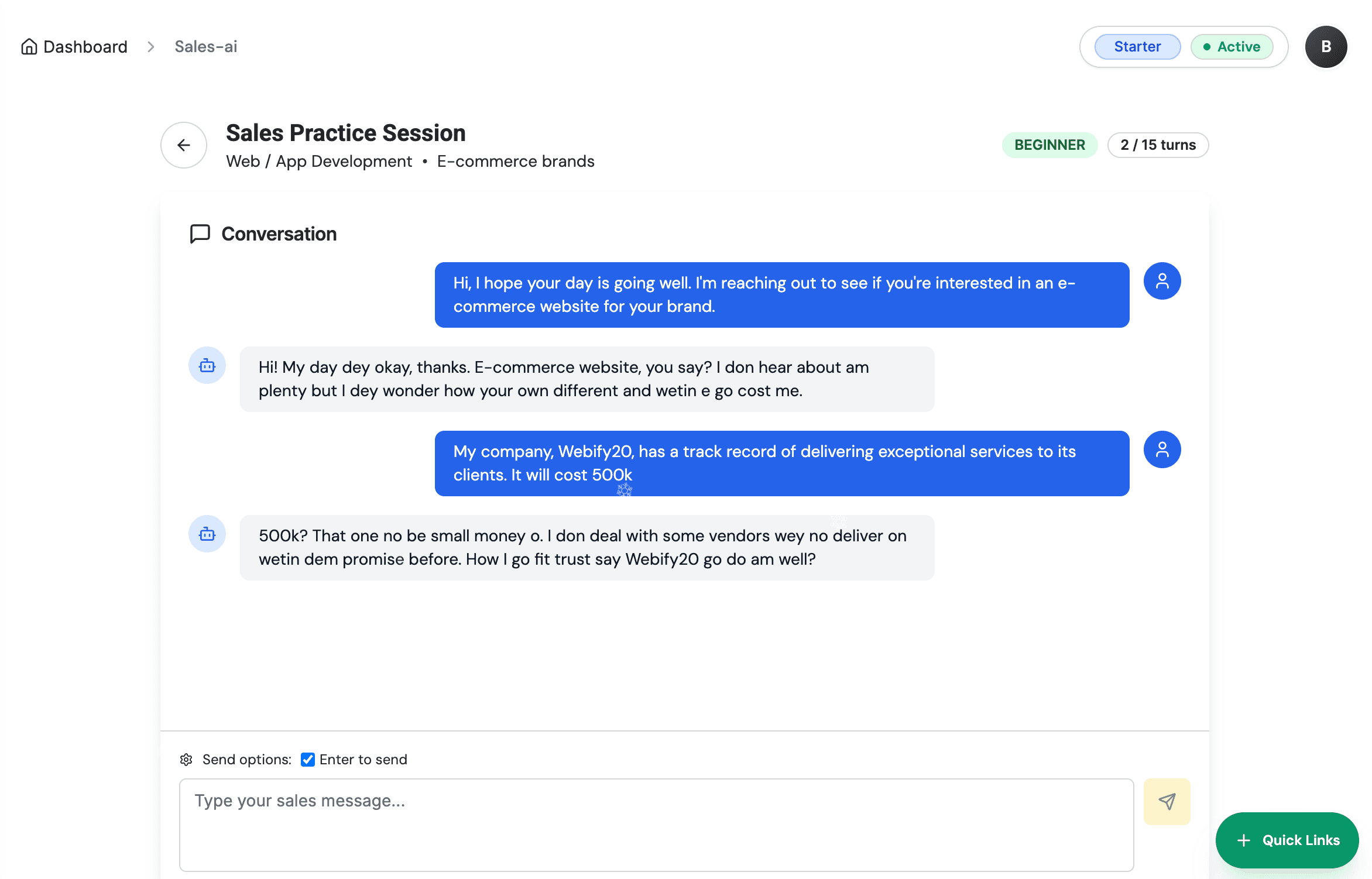 A practice session in WadMaster: an AI prospect pushing back on price in Nigerian Pidgin, with a reply box below