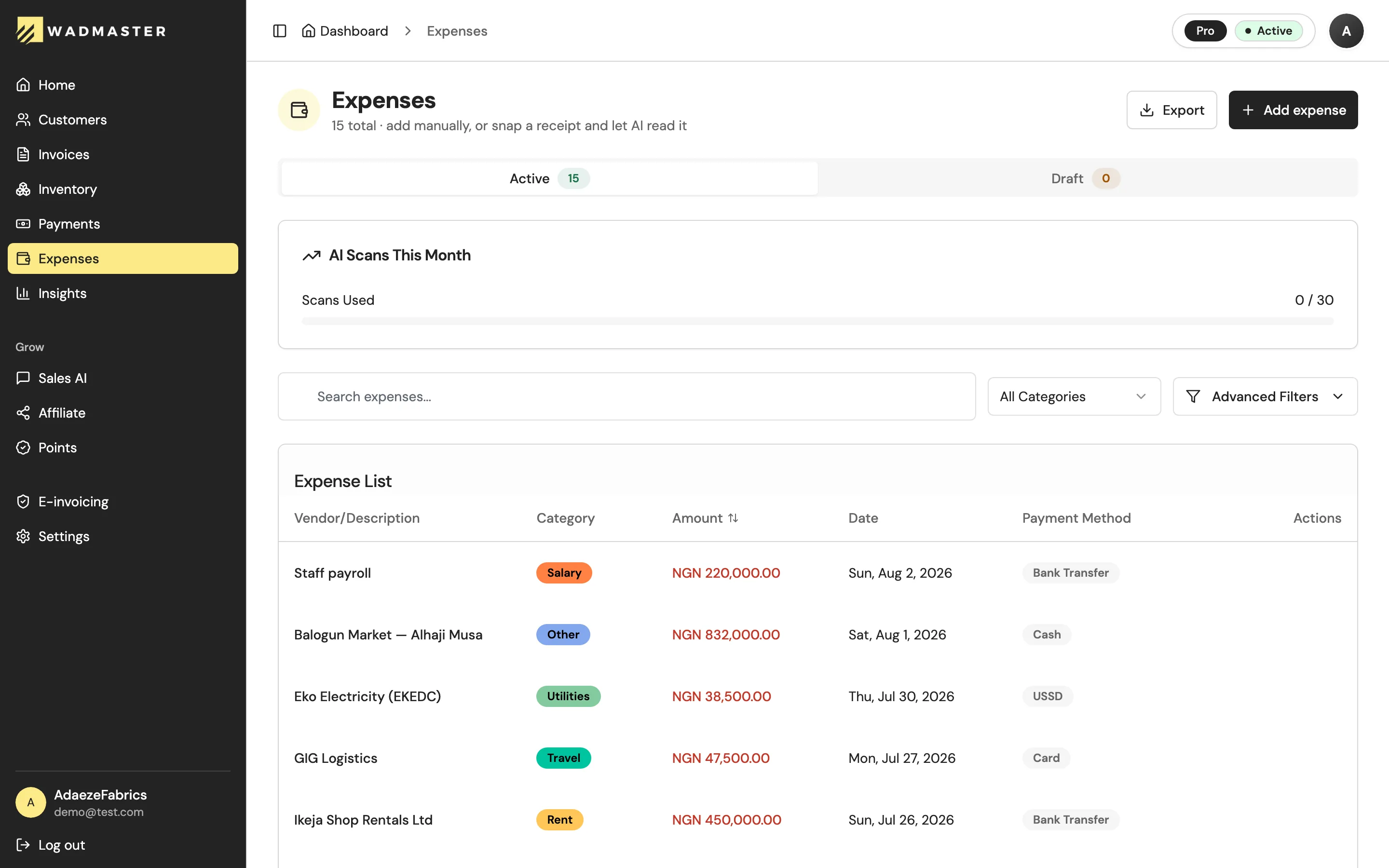 The WadMaster expenses list: each cost with its vendor, category, amount, date and payment method, above a running count of AI receipt scans used this month